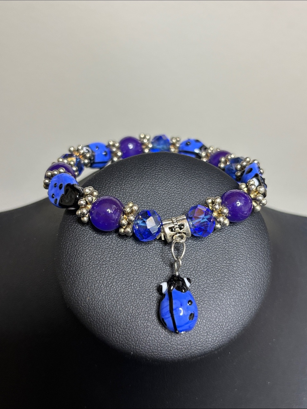 Blue and Purple Beaded Stretch Bracelet with Ladybug Charm - Silver Accents